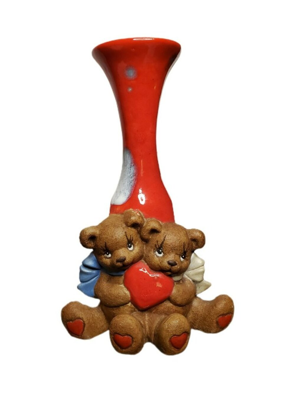 Heart Cuddle Bears Bud Vase Ceramic Signed Red White & Blue Patriotic Baby Room